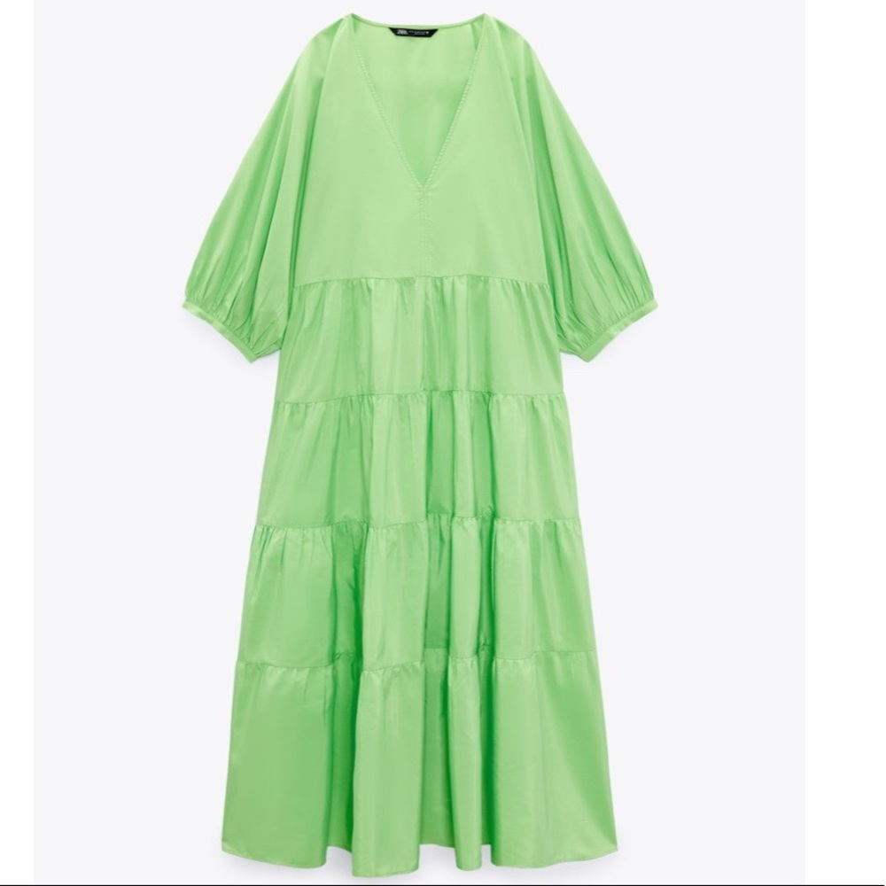 BNWT ZARA TIERED POPLIN DRESS - LIME GREEN